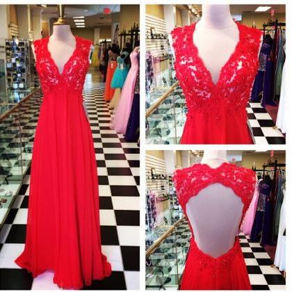 Long Red Chiffon Formal Dresses Featuring Beaded..