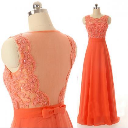 Long Orange Chiffon Formal Dresses Featuring Lace..