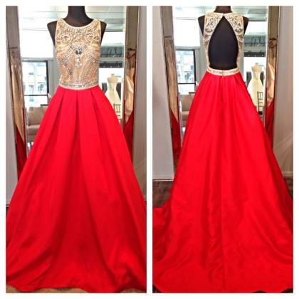 Long Red Satin Formal Dresses Featuring Beaded..