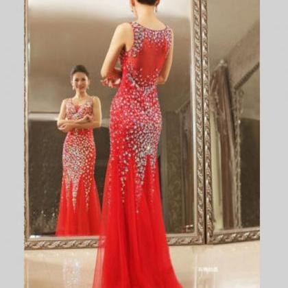 Long Red Tulle Formal Dresses Featuring Rhinestone..