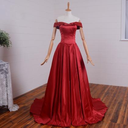 Long Red Satin Formal Dresses Featuring Beaded Off..