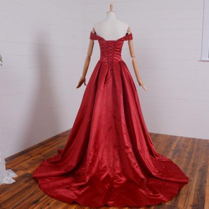 Long Red Satin Formal Dresses Featuring Beaded Off..