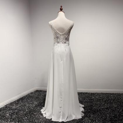 Long White Lace Applique Chiffon Formal Dresses..