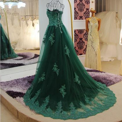 Elegant Dark Green Prom Dresses Sexy Lace Applique..