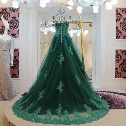 Elegant Dark Green Prom Dresses Sexy Lace Applique..
