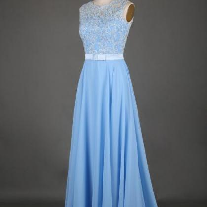 Light Blue Sheer Neck Chiffon Prom Dresses ,..
