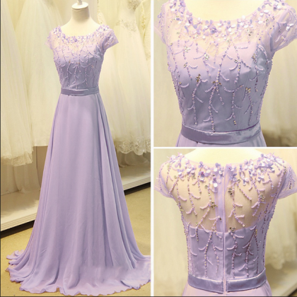 Lavender Short Sleeves Chiffon Long Prom Dress..