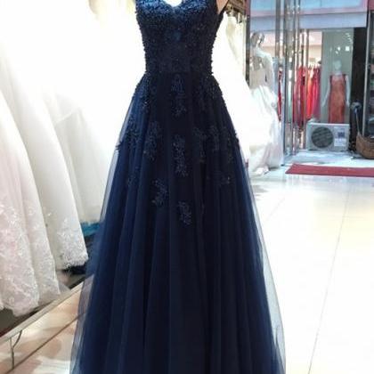 Navy Blue V Neck Lace Applique Prom Dresses ,..