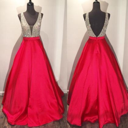 Red Satin Prom Dresses , Sexy Beaded Backless..