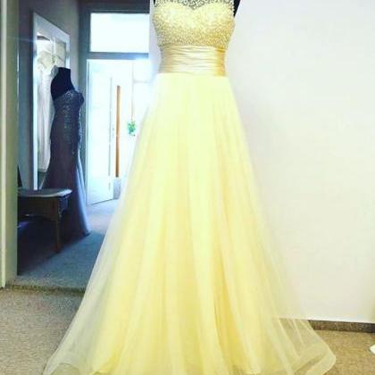 Yellow Tulle Prom Dresses , Sexy Beaded Sheer Neck..