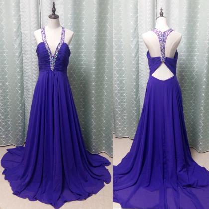 Charming Royal Blue Long Chiffon Prom Dresses..
