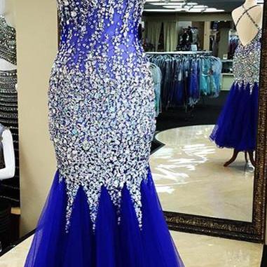 Sexy Royal Blue Long Tulle Mermaid Prom Dresses..