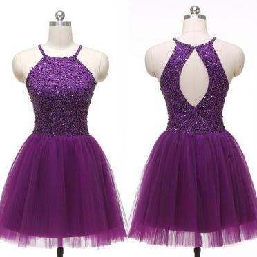 2016 Sexy Short Purple Halter Tulle Prom Dress ,..