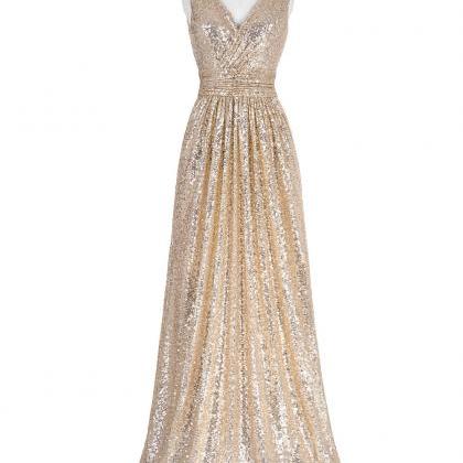Gold Sequinned Floor Length A-line Evening Dress..