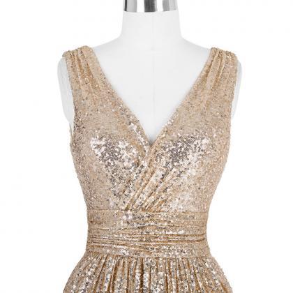 Gold Sequinned Floor Length A-line Evening Dress..