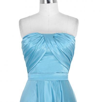 Blue Satin High Low A-line Prom Dress Featuring..