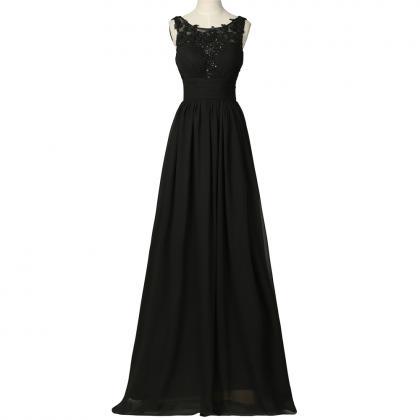 Black Beaded Lace Applique Sheer Neck Prom Dresses..