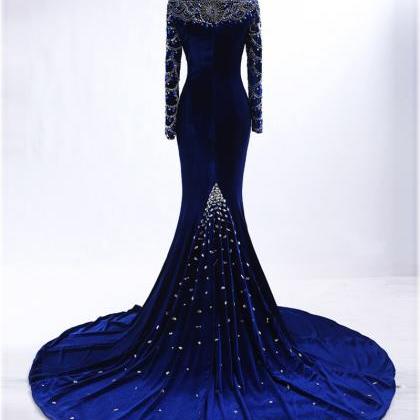 Blue Long Evening Dress Featuring Rhinestone..