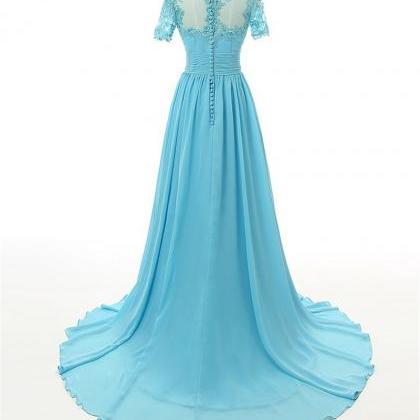 Light Blue Lace Applique Long Evening Dress..
