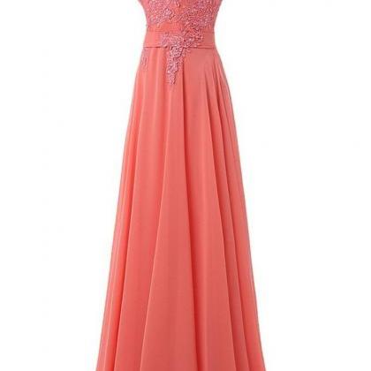 Sexy Coral Lace Applique Long Chiffon Prom Dresses..
