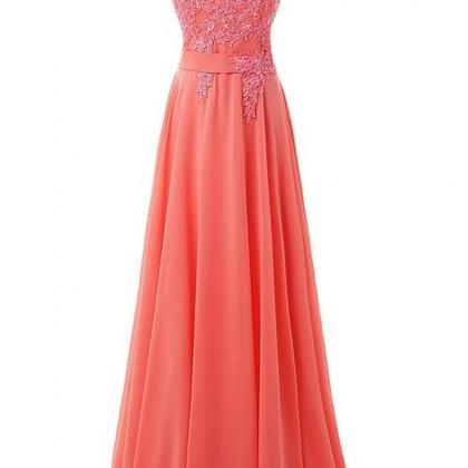 Sexy Coral Lace Applique Long Chiffon Prom Dresses..