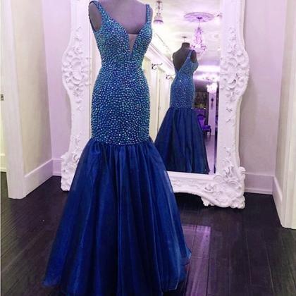 Royal Blue Mermaid Organza Long Prom Dress With..