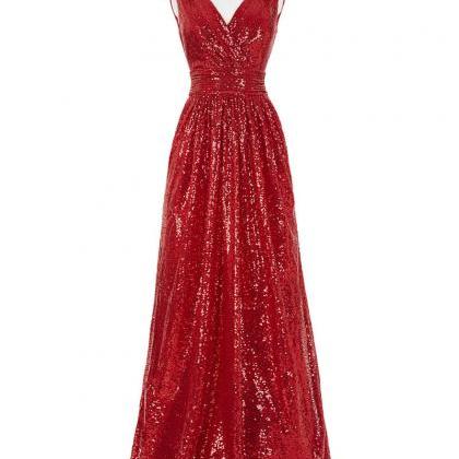 Sparkly Red Sequined A Line Long Prom Dresses With..