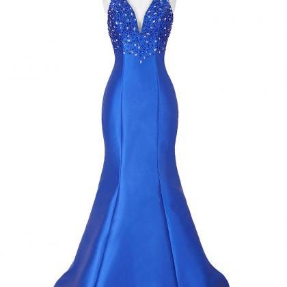 Amazing Blue Satin Mermaid Long Prom Dresses With..