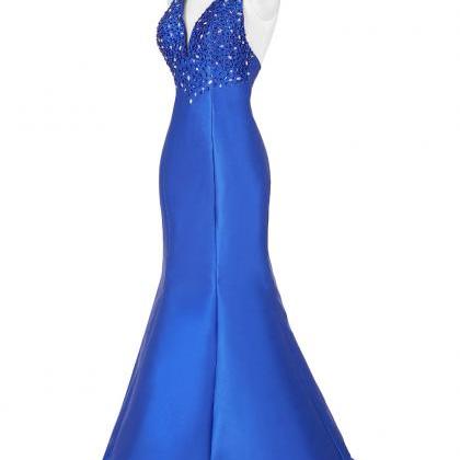 Amazing Blue Satin Mermaid Long Prom Dresses With..