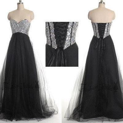 Sexy Black A Line Tulle Long Prom Dresses With..