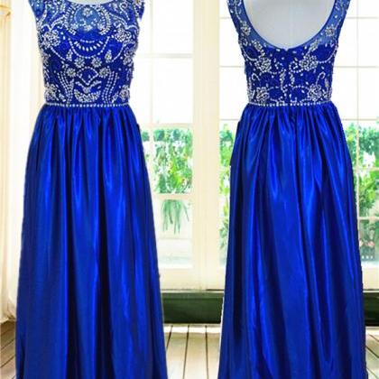 Charming Royal Blue Satin Formal Dresses With..