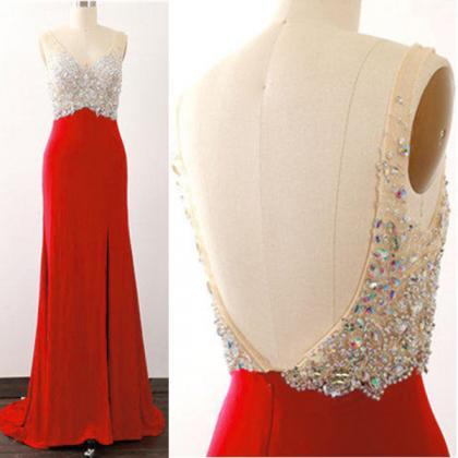 Sexy Red Beaded Backless Evening Dr..