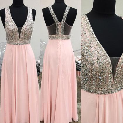 Long Pink Prom Dresses With Plunge V Neck,sexy..