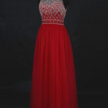 Red Beaded Prom Dresses , Sexy Backless Tulle A..