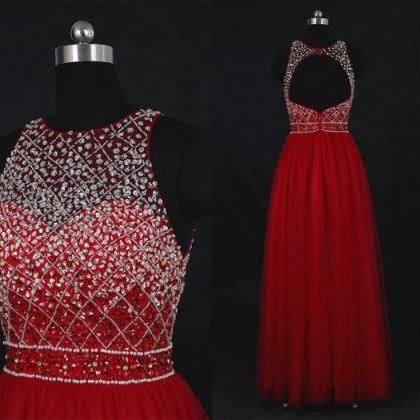 Red Beaded Prom Dresses , Sexy Backless Tulle A..