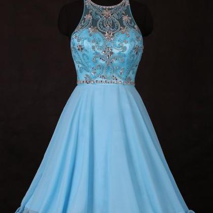Sexy Blue Short Prom Dress, Backles..