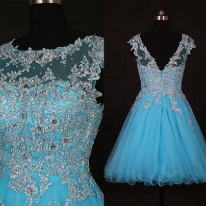 Amazing Lace Applique Blue Short Prom Dress, Blue..