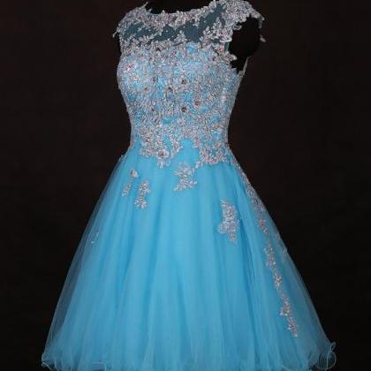 Amazing Lace Applique Blue Short Prom Dress, Blue..