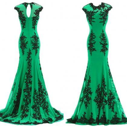 Elegant Long Green Prom Dresses Lace Applique..