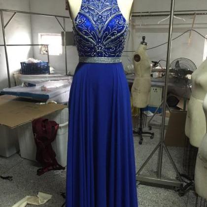 Floor Length Royal Blue Chiffon Formal Dresses..