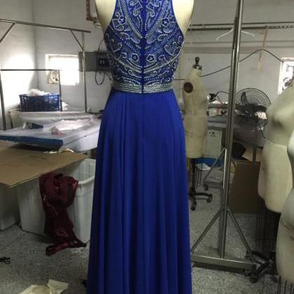 Floor Length Royal Blue Chiffon Formal Dresses..