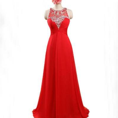 Red Floor Length Chiffon Formal Gown Featuring Sleeveless Plunge Sheer Bateau Neckline with Beaded Embellishment, Lace-Up Back