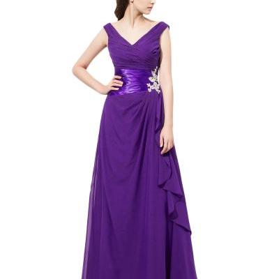 2017 New Arrival V Neck Purple Chiffon Bridesmaid Dresses With Ruched Bodice, Wedding Party Dresses,Long Bridesmaid Dress,Bridesmaid Dresses,Bridal Gowns