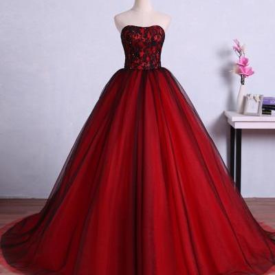 Charming Red Ball Gown Prom Dresses Tulle Sweetheart Evening Gowns With Lace Bodice 