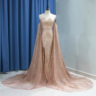 Luxury Glitter Rose Gold Sequin Mermaid Prom Dresses With Detachable Long Sleeves Evening Formal Gown Side Split V-neck Court Train