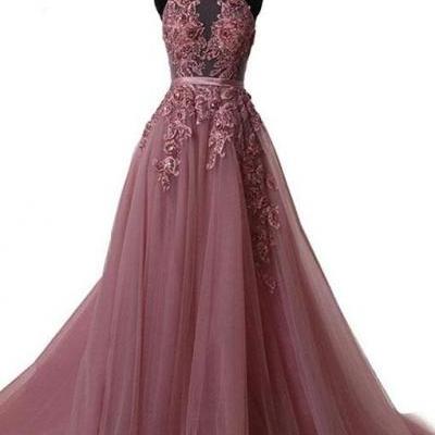 Long Prom Dresses Halter A Line Lace Evening Formal Dresses