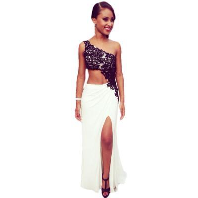2016 long sexy one shoulder evening dresses , long white and black lace prom dresses,formal prom dresses,dresses party evening,2015 new arrival formal dresses