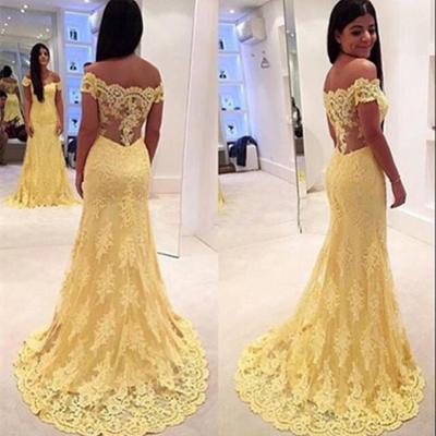 2016 Lace Yellow Evening Dresses Off The Shoulder Open Back Yellow Prom Party Dress Robe De Soiree Formal Gowns
