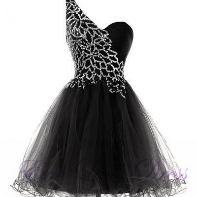 Luxury Black Beaded One Shoulder Mini Prom Dresses Short Evening Dresses 2016 Graduation Cocktail Dresses Real Photo Women Party Dresses Formal Gowns