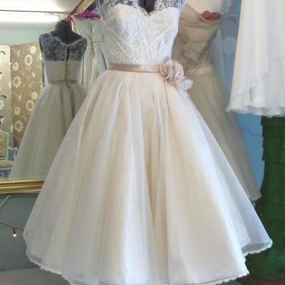 Wedding Dress, Wedding Dresses,tea length wedding dress, white v neck wedding dress, tulle wedding dresses